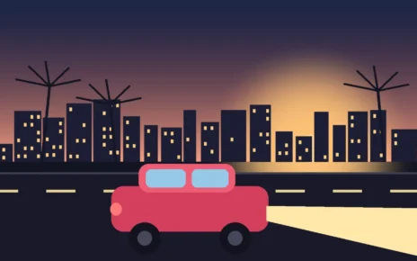 Ilustración editorial de un auto rojo estacionado en una calle de Los Ángeles al atardecer, con palmeras y el horizonte de la ciudad al fondo.
