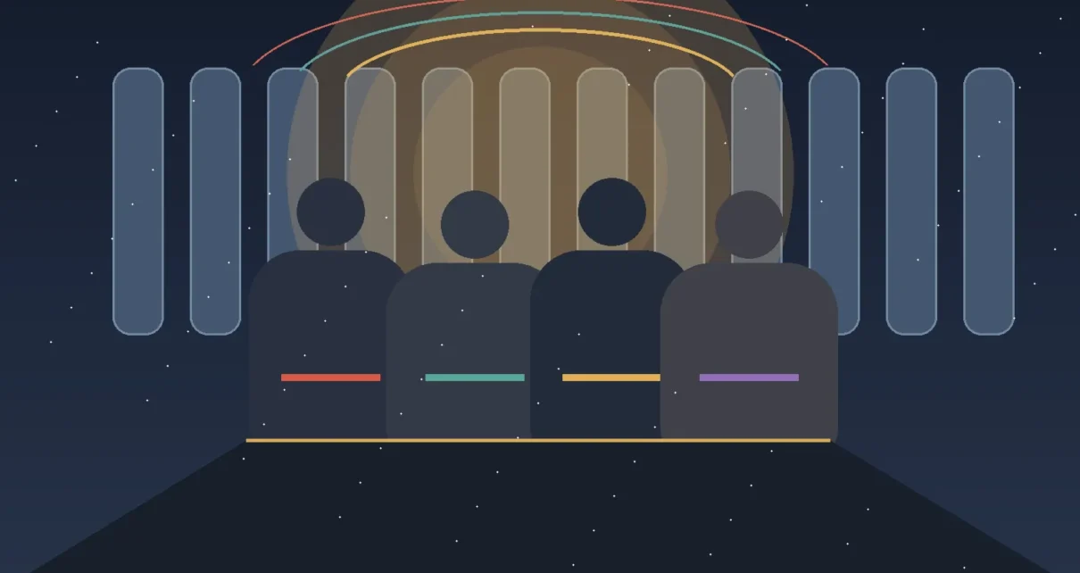 Ilustración de cuatro amigos adultos reunidos en una sala de streaming
