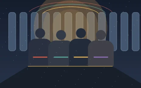 Ilustración de cuatro amigos adultos reunidos en una sala de streaming