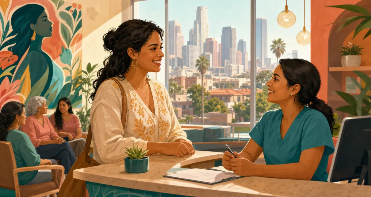Paciente latina conversa con personal de salud en una clínica comunitaria de Los Ángeles
