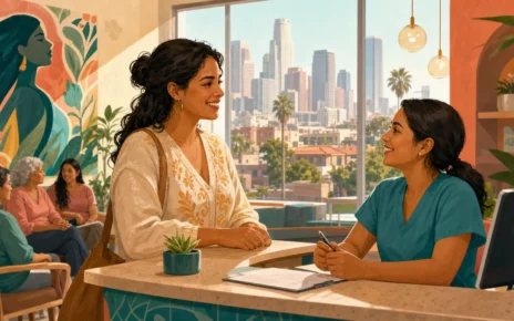 Paciente latina conversa con personal de salud en una clínica comunitaria de Los Ángeles