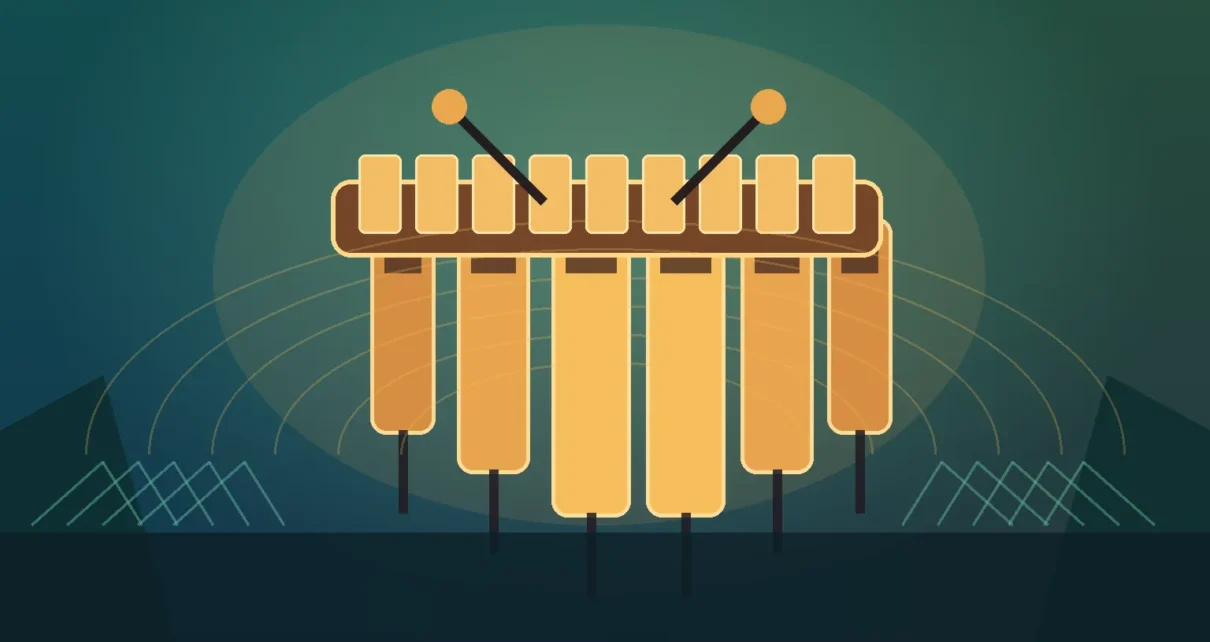 Marimba de madera estilizada con láminas y resonadores bajo una luz cálida