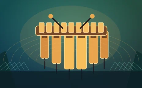 Marimba de madera estilizada con láminas y resonadores bajo una luz cálida