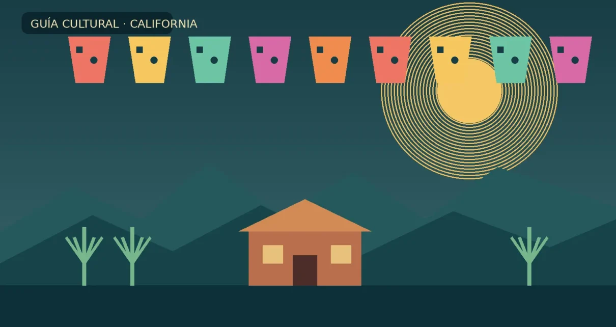 Ilustración de un adobe de California con montañas, agaves y papel picado para una guía cultural