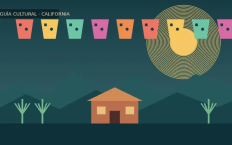 Ilustración de un adobe de California con montañas, agaves y papel picado para una guía cultural
