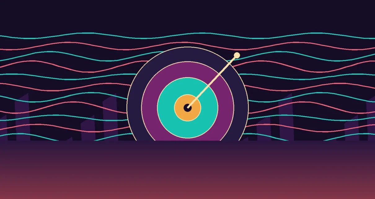 Ilustración abstracta de un tocadiscos y ondas de sonido en colores caribeños y neón