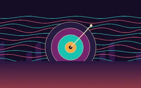 Ilustración abstracta de un tocadiscos y ondas de sonido en colores caribeños y neón