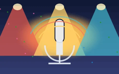 Ilustración editorial de un escenario de festival musical al aire libre en Bogotá, con micrófono, luces y ondas de sonido abstractas