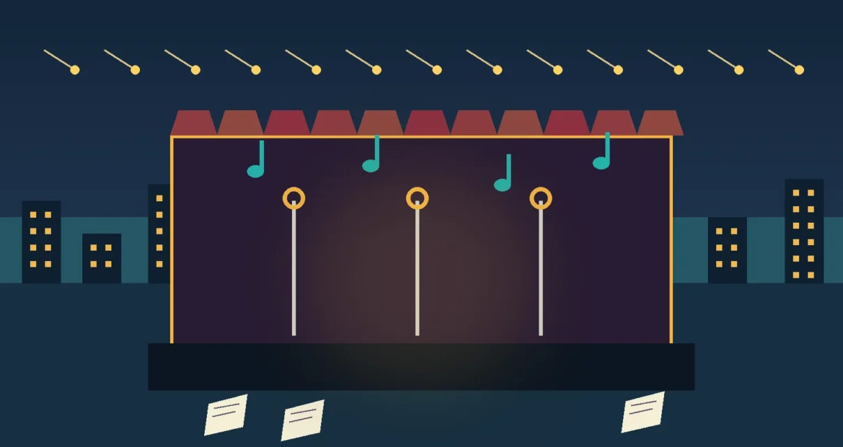 Ilustración de un escenario musical al aire libre con notas musicales y páginas de poesía en Los Ángeles