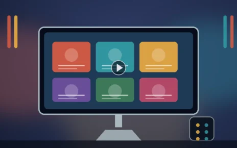 Televisor con tarjetas abstractas de series y películas para una guía de streaming