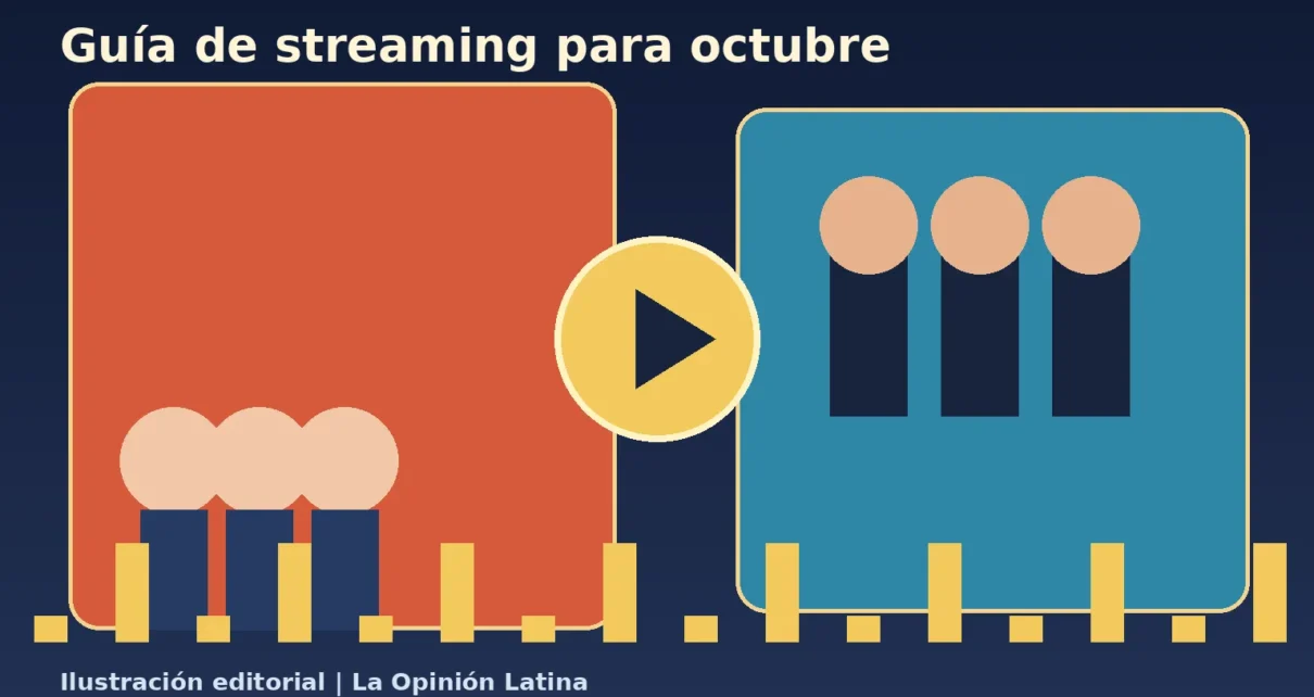 Ilustración de una familia frente a pantallas y una ciudad al atardecer para una guía de streaming