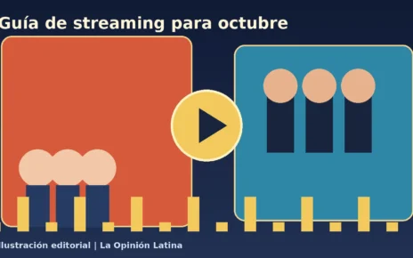 Ilustración de una familia frente a pantallas y una ciudad al atardecer para una guía de streaming