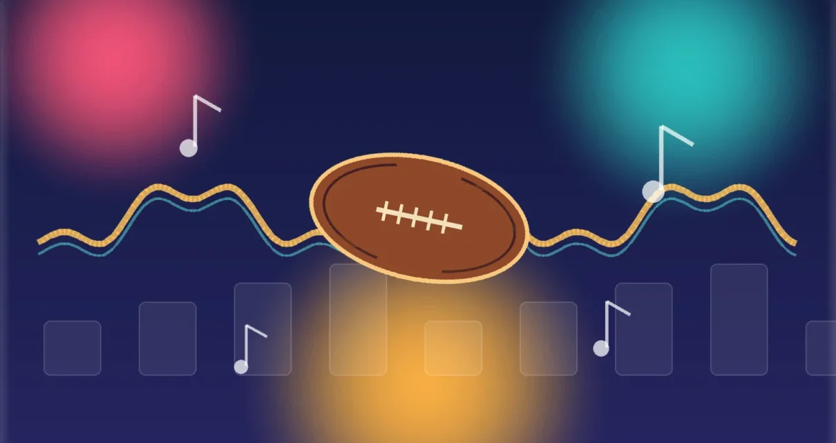 Ilustración editorial con un balón de fútbol americano, ondas musicales y luces de escenario