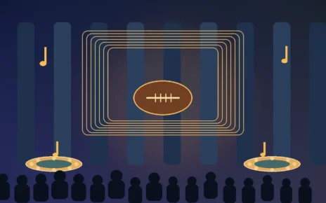 Ilustración editorial de una experiencia cultural con música, gastronomía y fútbol americano