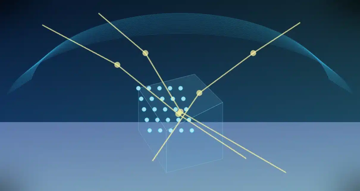 Ilustración de sensores de IceCube bajo el hielo antártico y trazos de neutrinos