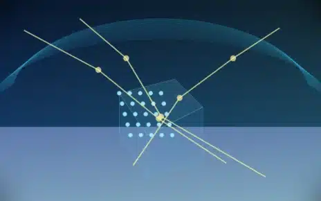Ilustración de sensores de IceCube bajo el hielo antártico y trazos de neutrinos