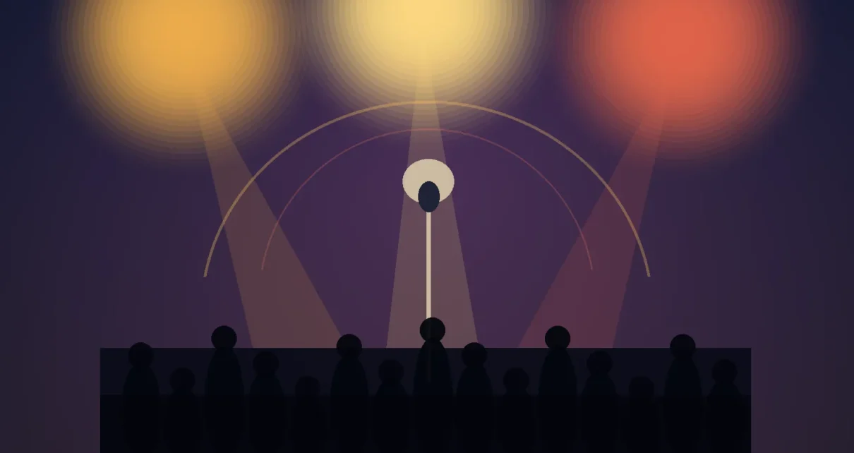 Escenario iluminado con un micrófono y siluetas abstractas del público