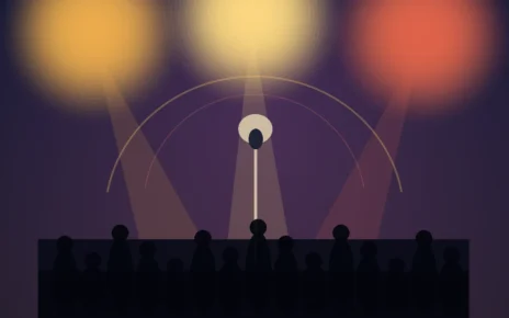 Escenario iluminado con un micrófono y siluetas abstractas del público