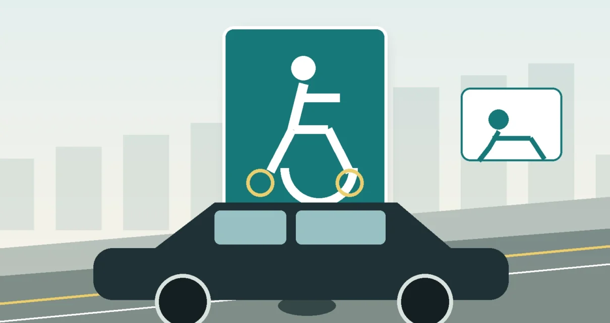 Señal de estacionamiento accesible frente a un automóvil en California