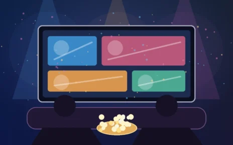Televisor con una selección abstracta de contenidos y dos personas viendo streaming desde un sofá