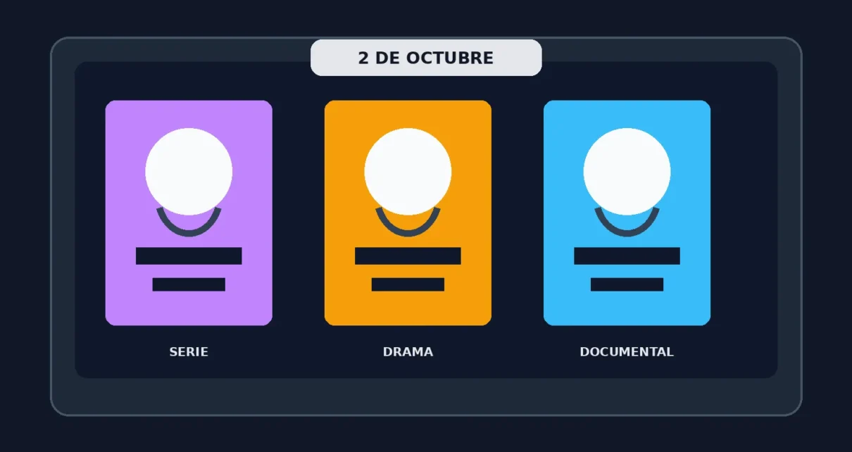 Ilustración editorial con tres tarjetas que representan una serie, un drama y un documental para ver en streaming