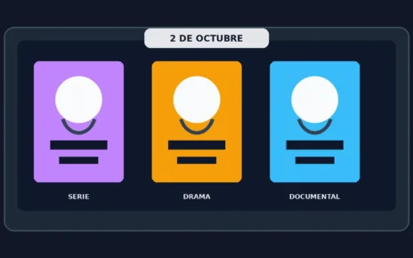 Ilustración editorial con tres tarjetas que representan una serie, un drama y un documental para ver en streaming