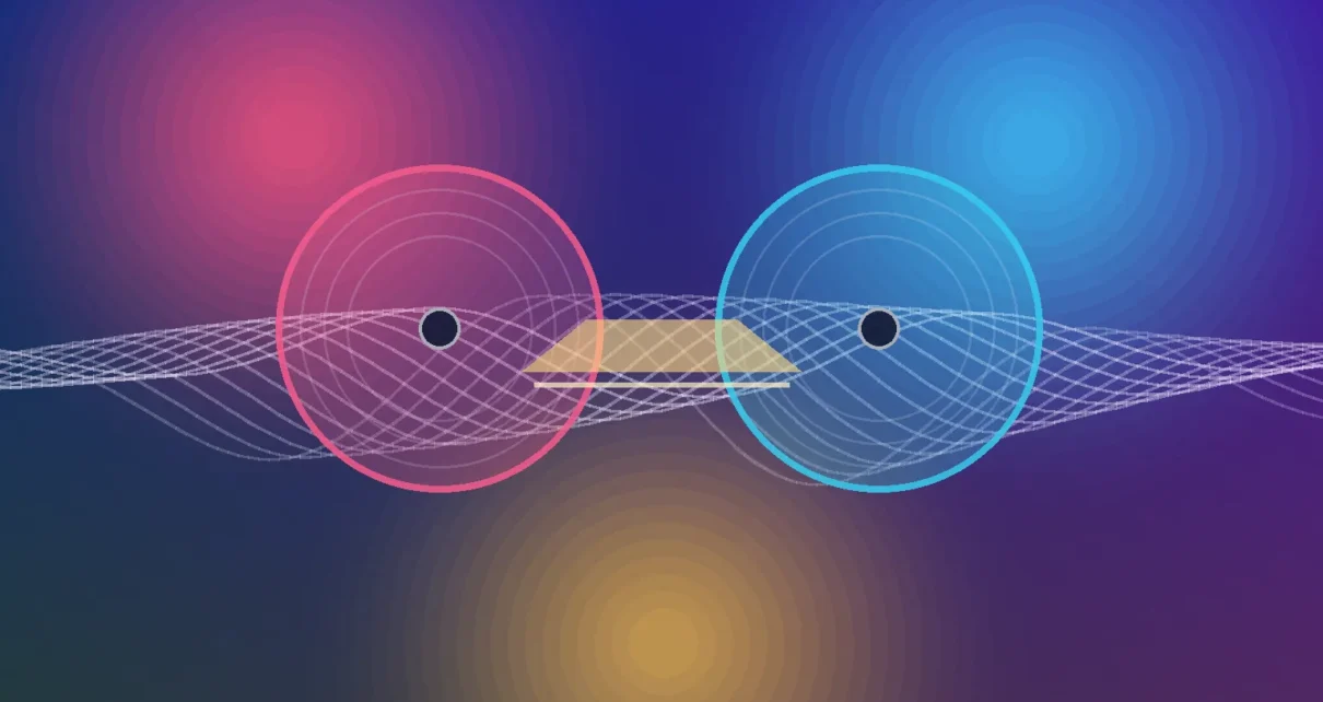 Ilustración editorial con dos discos de colores y ondas de sonido que representan una colaboración musical latina