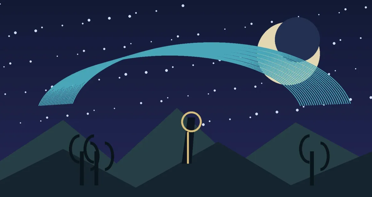 Ilustración editorial de un proyector y un cielo estrellado sobre un paisaje desértico