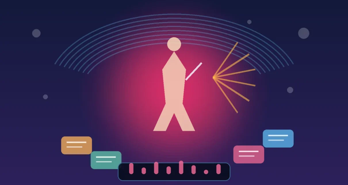 Ilustración editorial de un escenario musical con ondas de transmisión digital y símbolos de educación y emprendimiento femenino