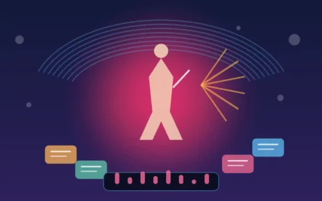Ilustración editorial de un escenario musical con ondas de transmisión digital y símbolos de educación y emprendimiento femenino