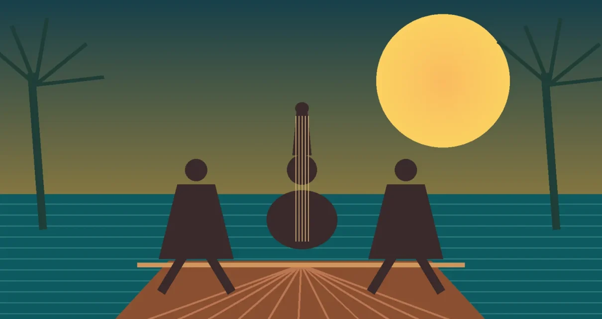Músicos y bailarines alrededor de una tarima en una ilustración inspirada en el son jarocho