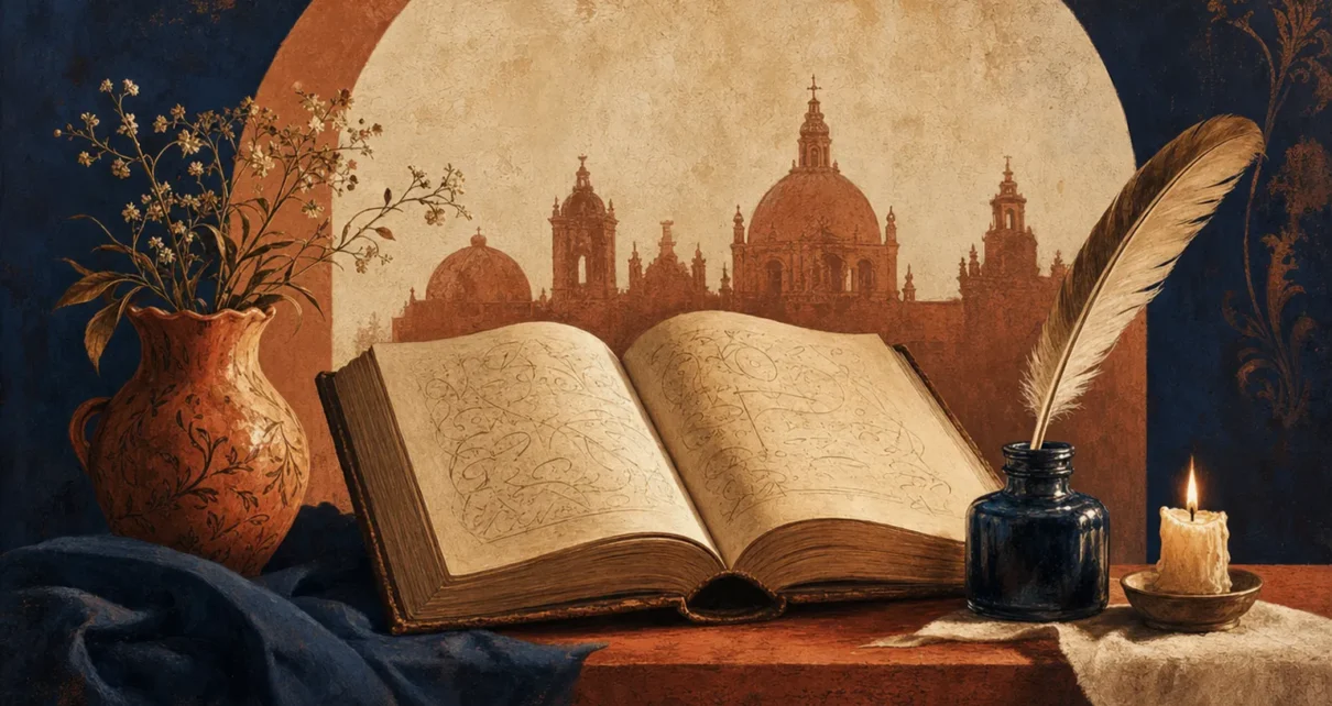 Libro abierto, pluma y vela en una ilustración inspirada en el legado literario de Sor Juana