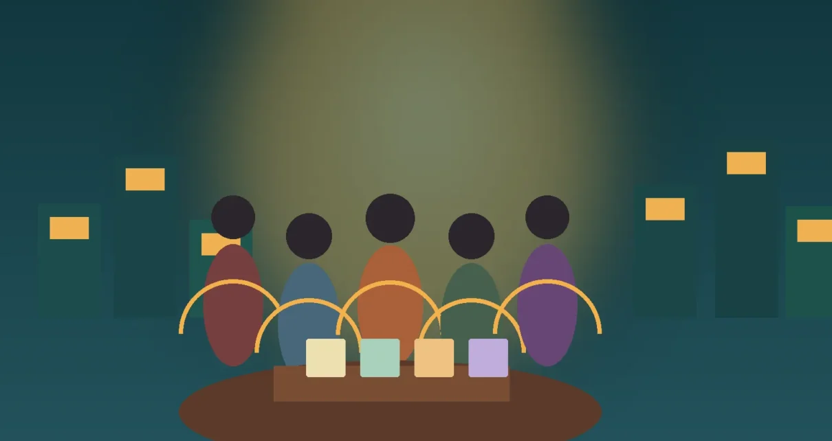Ilustración de una reunión comunitaria en el sur de Los Ángeles