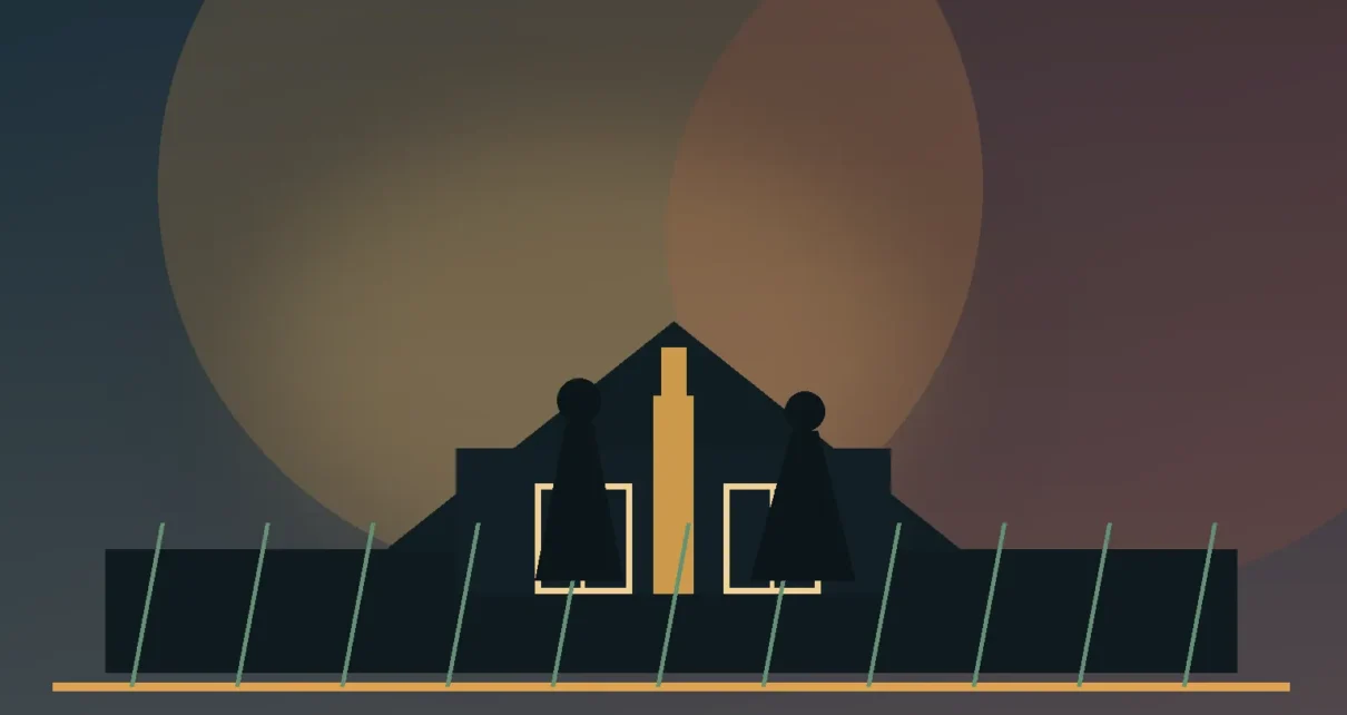 Ilustración de una iglesia y dos figuras bajo luces teatrales