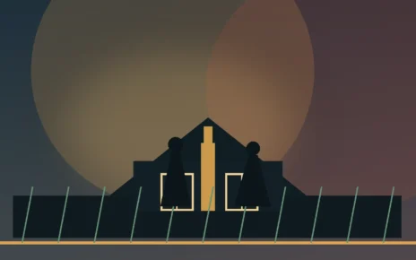 Ilustración de una iglesia y dos figuras bajo luces teatrales