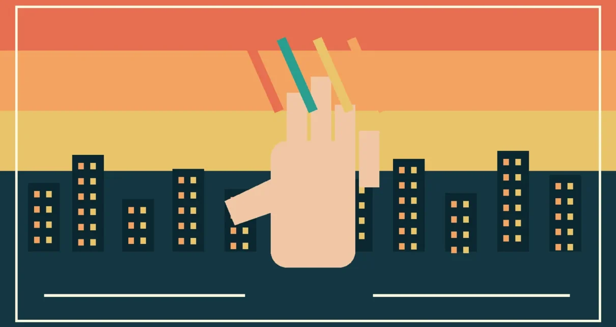 Ilustración de una mano levantada frente a formas geométricas y edificios, inspirada en el arte de protesta