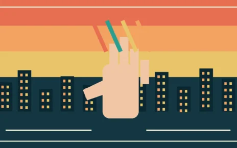 Ilustración de una mano levantada frente a formas geométricas y edificios, inspirada en el arte de protesta