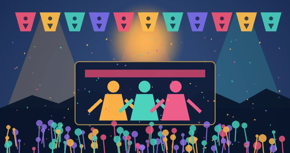 Ilustración de un festival comunitario al aire libre con escenario, música y familias en Los Ángeles