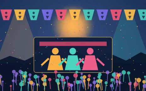 Ilustración de un festival comunitario al aire libre con escenario, música y familias en Los Ángeles
