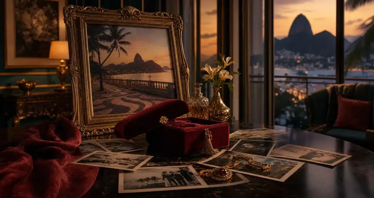 Escena simbólica de drama brasileño con un marco de arte y fotografías familiares en un apartamento de Río de Janeiro