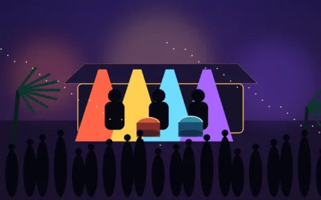 Ilustración editorial de un festival de música tropical al aire libre con escenario, percusión, palmeras y luces en Los Ángeles
