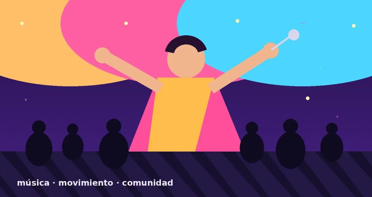 Ilustración de un concierto familiar bilingüe con una cantante en un escenario y público infantil