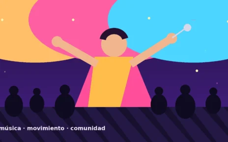 Ilustración de un concierto familiar bilingüe con una cantante en un escenario y público infantil