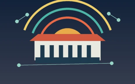 Ilustración de un campus comunitario con elementos de ciencia, tecnología y patrones culturales latinos