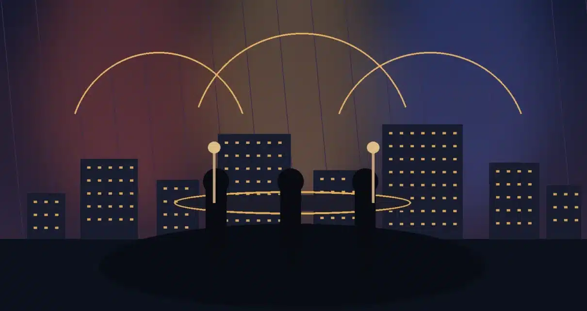 Ilustración editorial de un foro cultural en Los Ángeles con micrófonos, luces cálidas y una silueta urbana al fondo