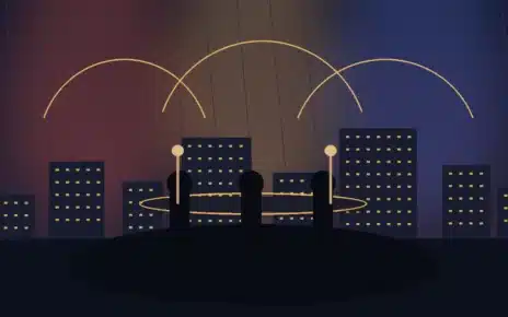 Ilustración editorial de un foro cultural en Los Ángeles con micrófonos, luces cálidas y una silueta urbana al fondo