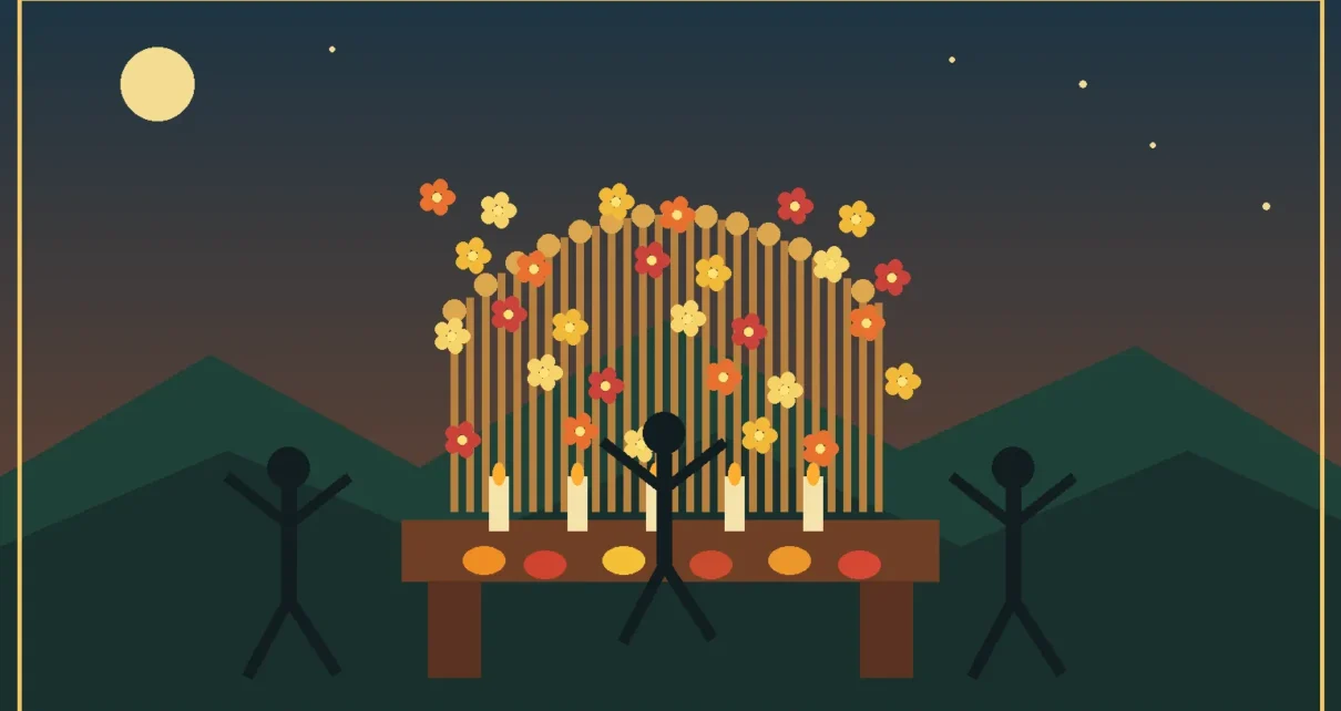 Arco de flores y velas junto a siluetas de danzantes en una ilustración inspirada en el Xantolo huasteco