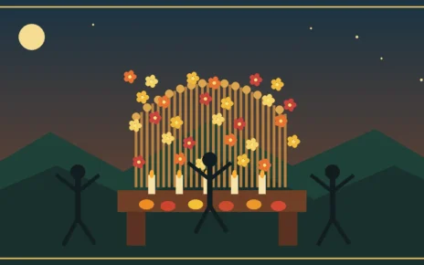 Arco de flores y velas junto a siluetas de danzantes en una ilustración inspirada en el Xantolo huasteco
